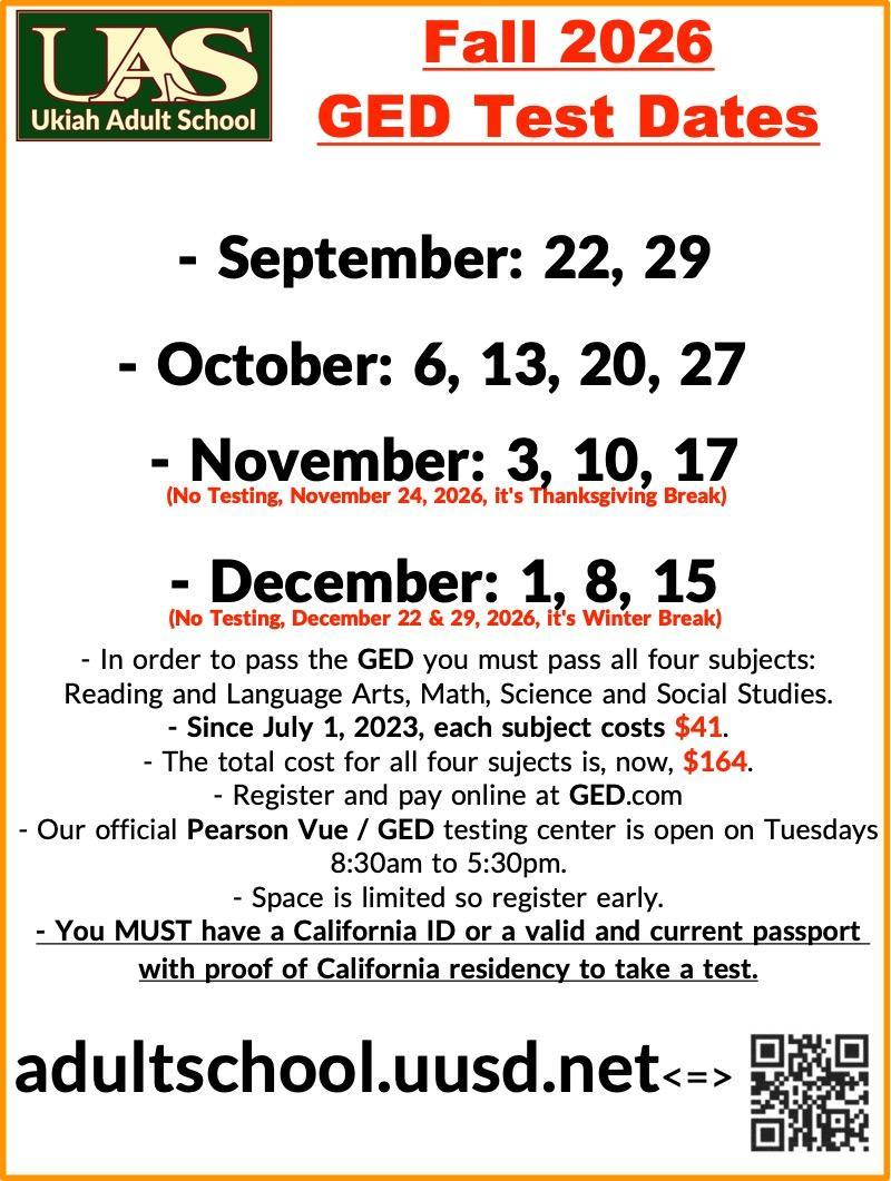 Fall 2026 GED / Pearson-Vue test dates poster.