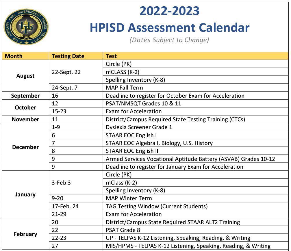 Assessment Calendars – Assessment & Accountability – Highland Park  Independent School District