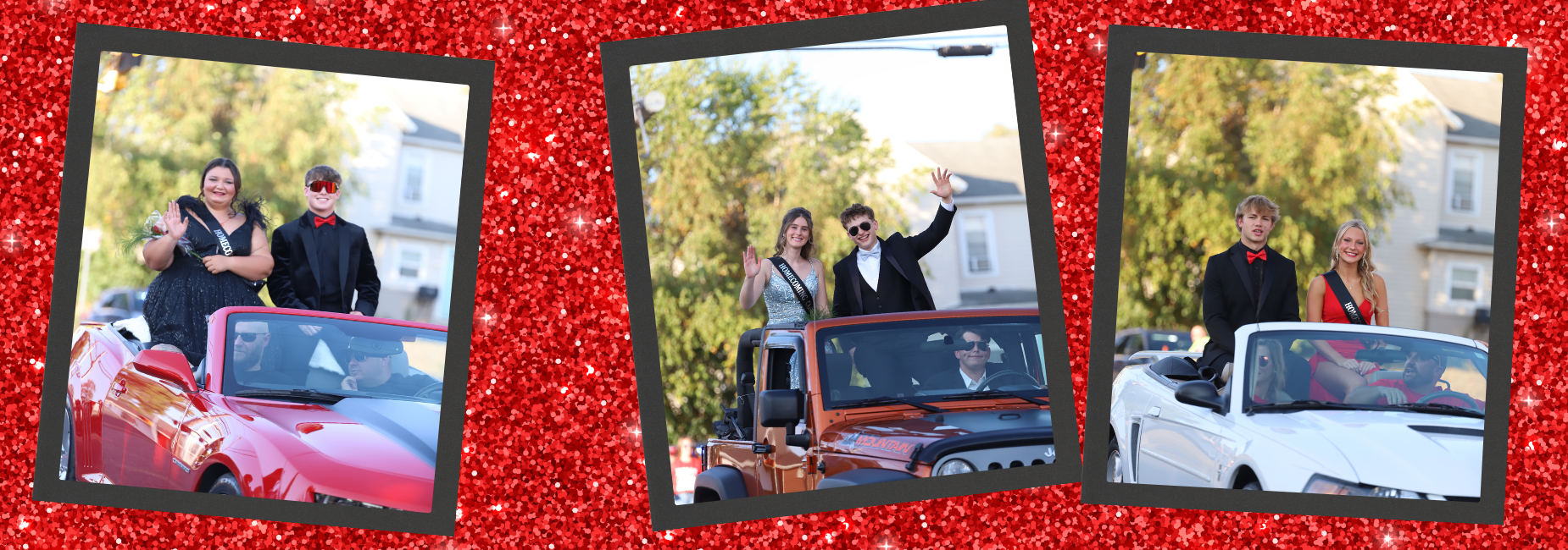 Homecoming parade featuring couples in convertibles waving to the crowd.