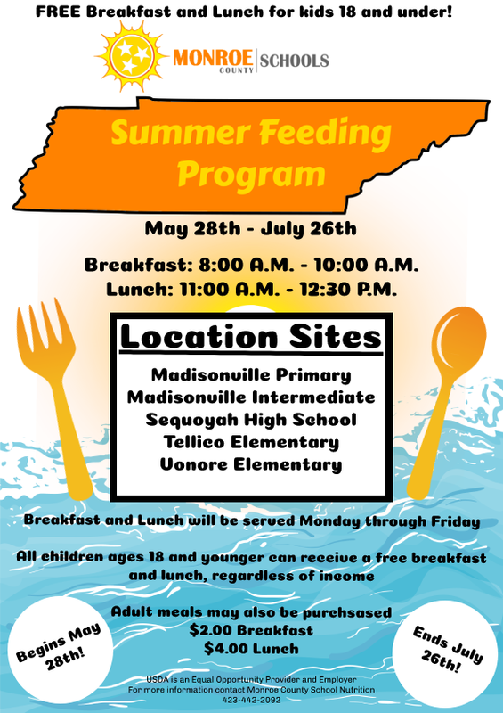 Free Breakfast and Lunch for kids 18 and Under Monroe County Schools Summer Feeding Program May 28th- July 26th Breakfast: 8:00 A.M. 10:00 A.M. Lunch: 11:00 A.M. – 12:30 P.M. Location Sites: Madisonville Primary Madisonville Intermediate Sequoyah High School Tellico Elementary Vonore Elementary Breakfast and Lunch will be served Monday through Friday All children ages 18 and younger can receive a free breaskfast and lunch, regardless of income. Adult meals may also be purchased. $2.00 Breakfast $4.00 Lunch