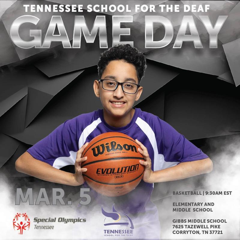 Teen boy holding a basketball, promoting a school event for the deaf.