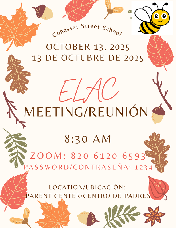 Flyer with information for ELAC meeting./Volante con información para la reunión de ELAC.