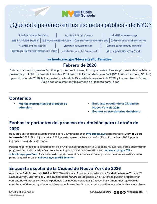Message to Our Families. Latest updates in NYC Public Schools. Feb 2026. Spanish 1