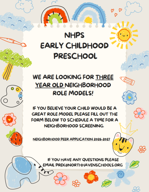 childrens cartoon characters and text about pre-k neighborhood peers contact prek@northhavenschools.org for more