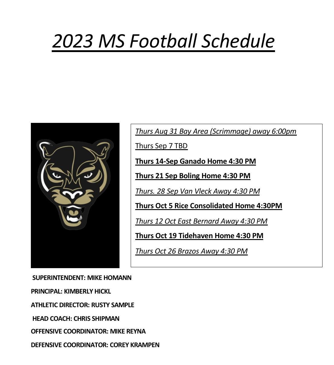 Middle School Football MS Athletics Danbury Independent School District