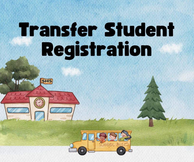 Transfer Student Registration cartoon image with students riding to school on school bus