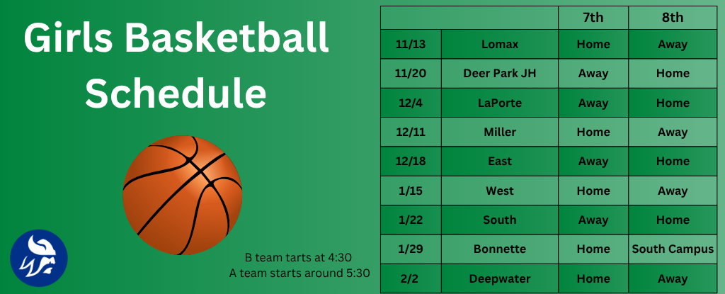 Schedule for girls basketball games with dates, times, and locations.