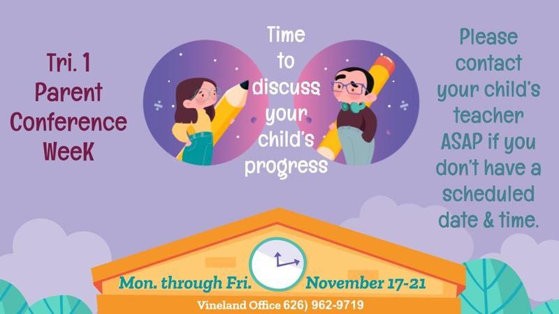Picture of a boy and girl holding a pencil with parent conference week announcement from 11/17-11/21.