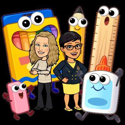 Cartoon characters and school supplies with smiling faces.