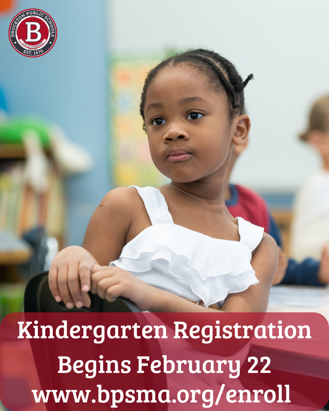 Girl sitting at desk with white text that says "kindergarten registrations begins February 22. www.bpsma.org/enroll