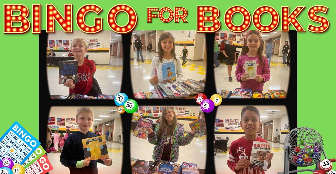 Kids holding books at a Bingo event with colorful decorations and games.