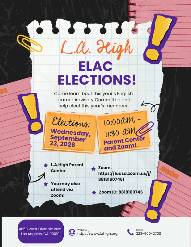 ELAC Elections flyer giving the date of September 23 at 10am in the Parent Center
