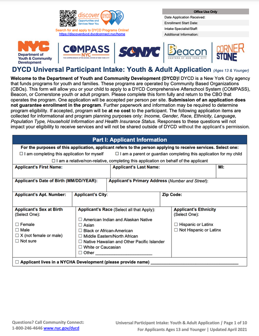 Application form for DYCD Universal Participant Intake for youth and adults.