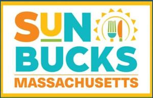 Logo for Sun Bucks program in Massachusetts with sun and food icons.