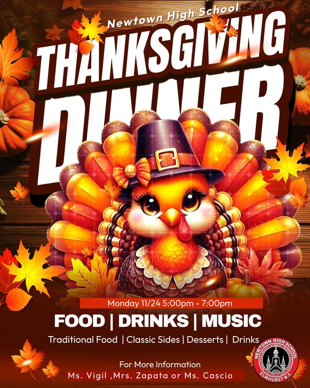 Thanksgiving Dinner flyer. All relevant information in adjoining text. Image of a cute turkey.