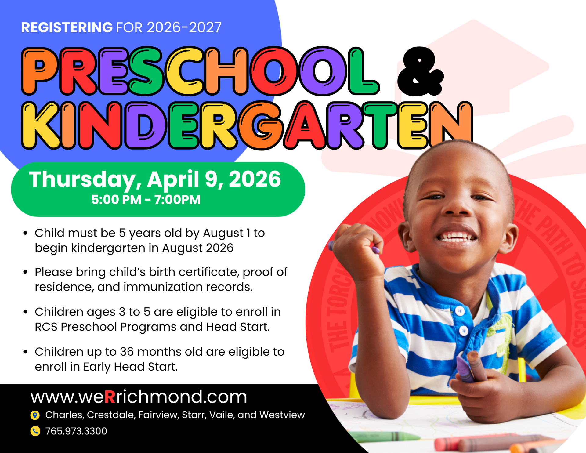 Richmond Community Schools PreSchool & Kindergarten Round Up Flyer