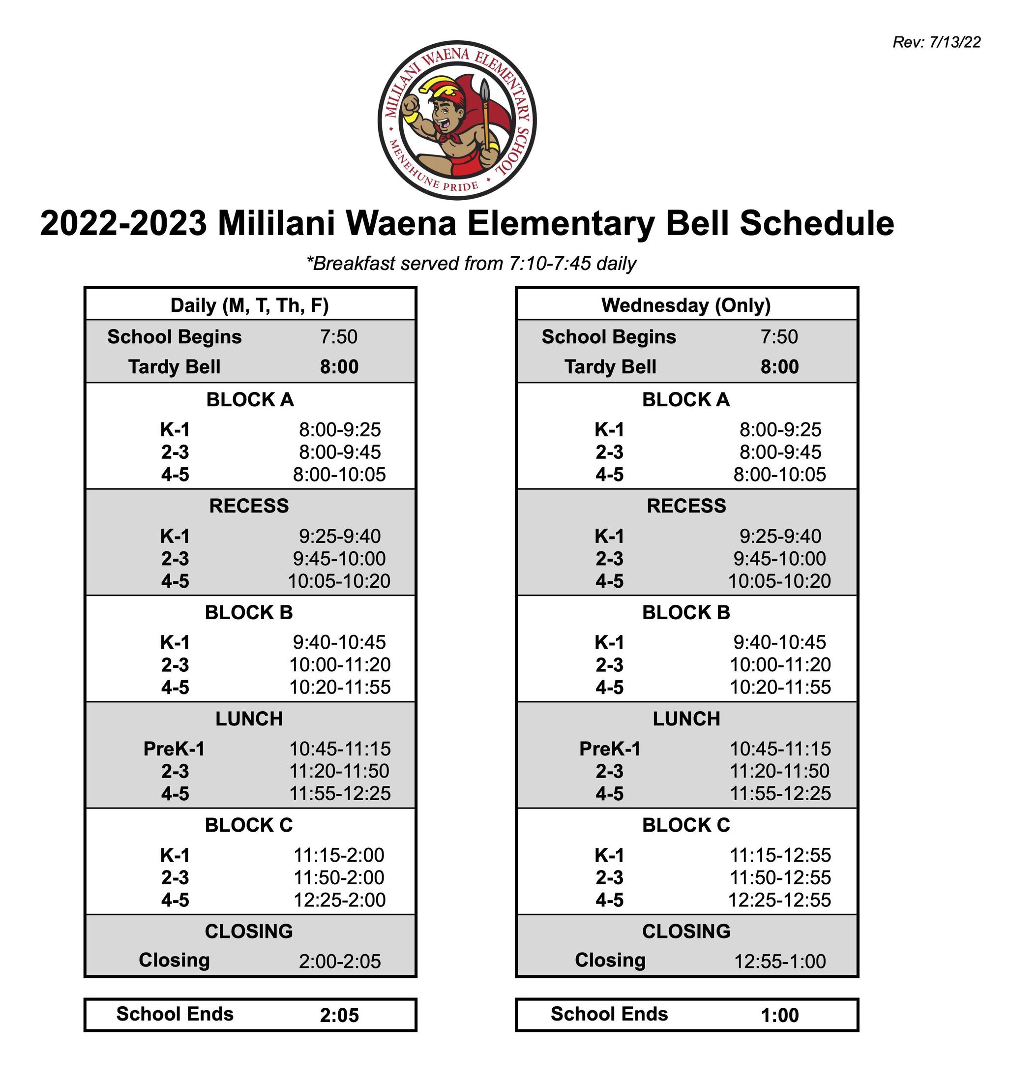 Bell Schedule Bell Schedule Mililani Waena Elementary