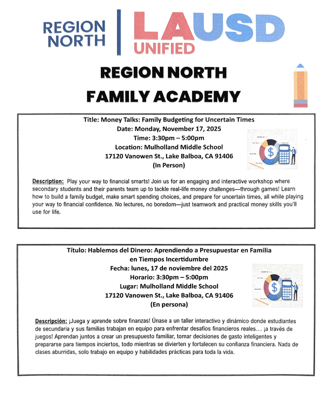 Money Talks: Family budgeting for Uncertain Times in Person at Mulholland Middle School