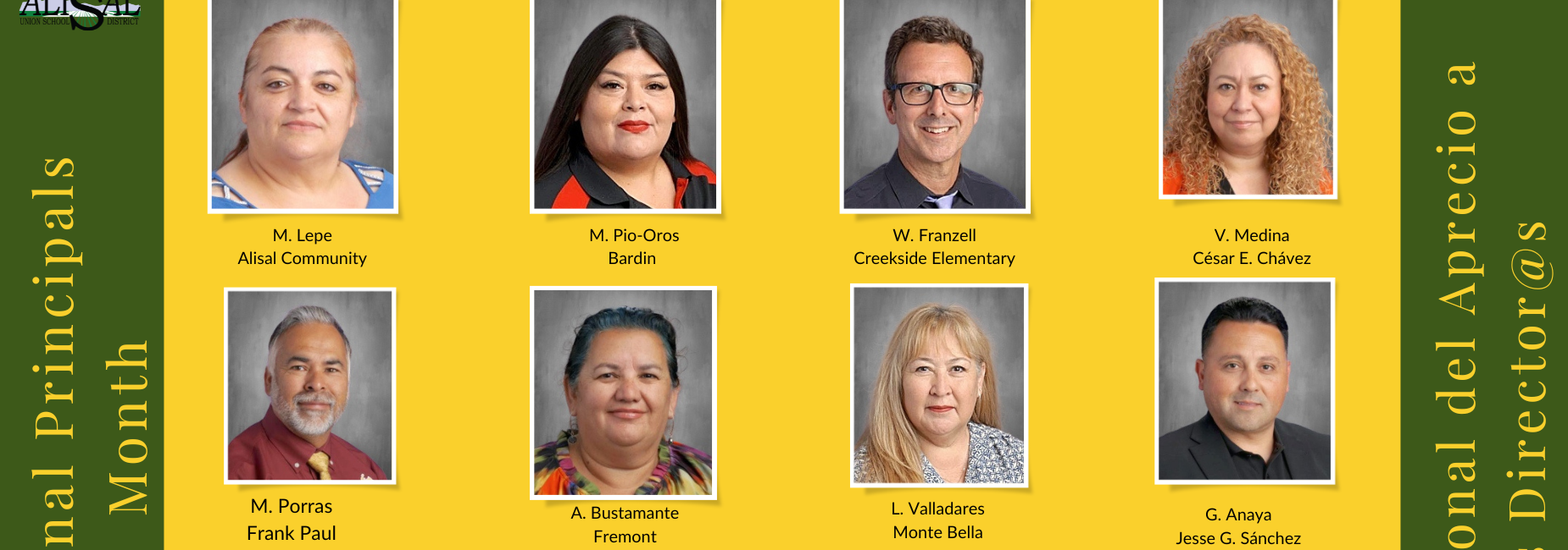 National Principals month graphic with pictures of all 12 Alisal USD principals