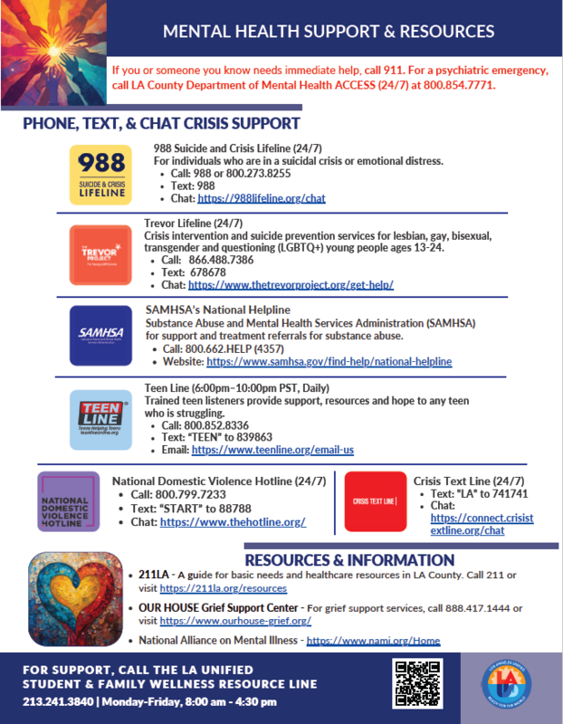 Mental health support and resources. Phone, text, and chat support