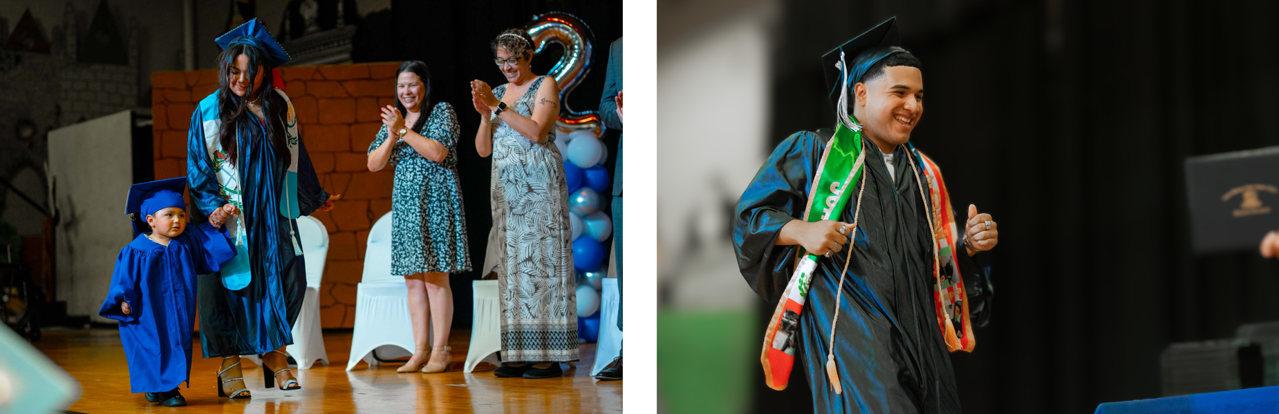 Female graduate walking with her toddler, male graduate smiling during walk across stage