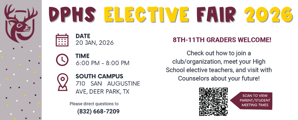 Event flyer for DPHS Elective Fair 2026 with details and QR code.