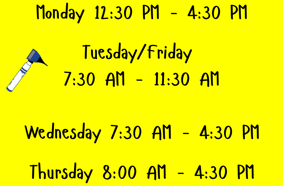 Schedule of availability for Monday to Thursday on a yellow background.