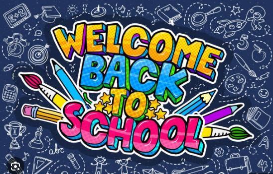 The words "welcome back to school" in neon colors surrounded by school supplies