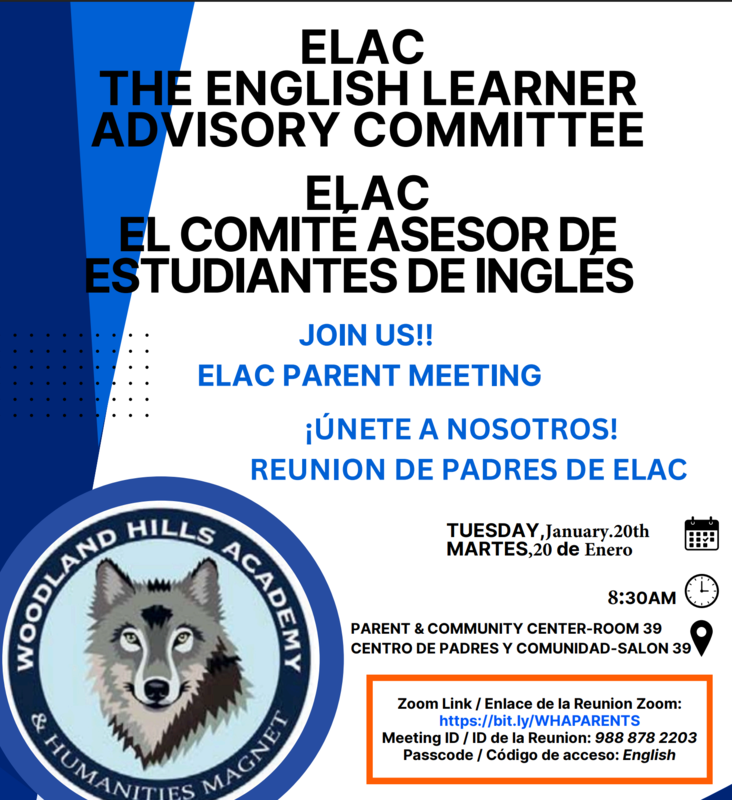 English Learner Advisor Committee Meeting - Tuesday, 1/20 - 8:15 AM - Parent Center