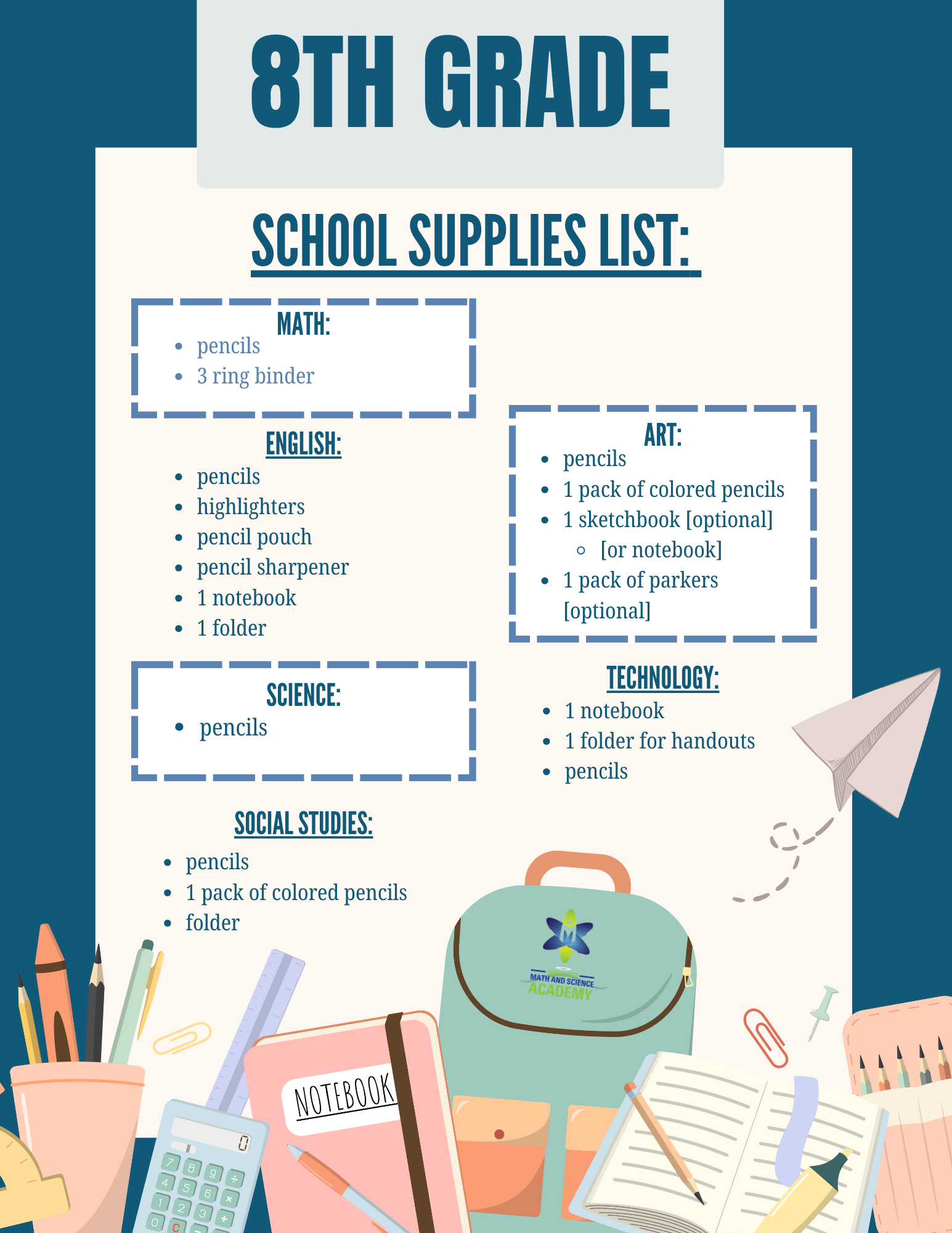 8th grade school supplies list