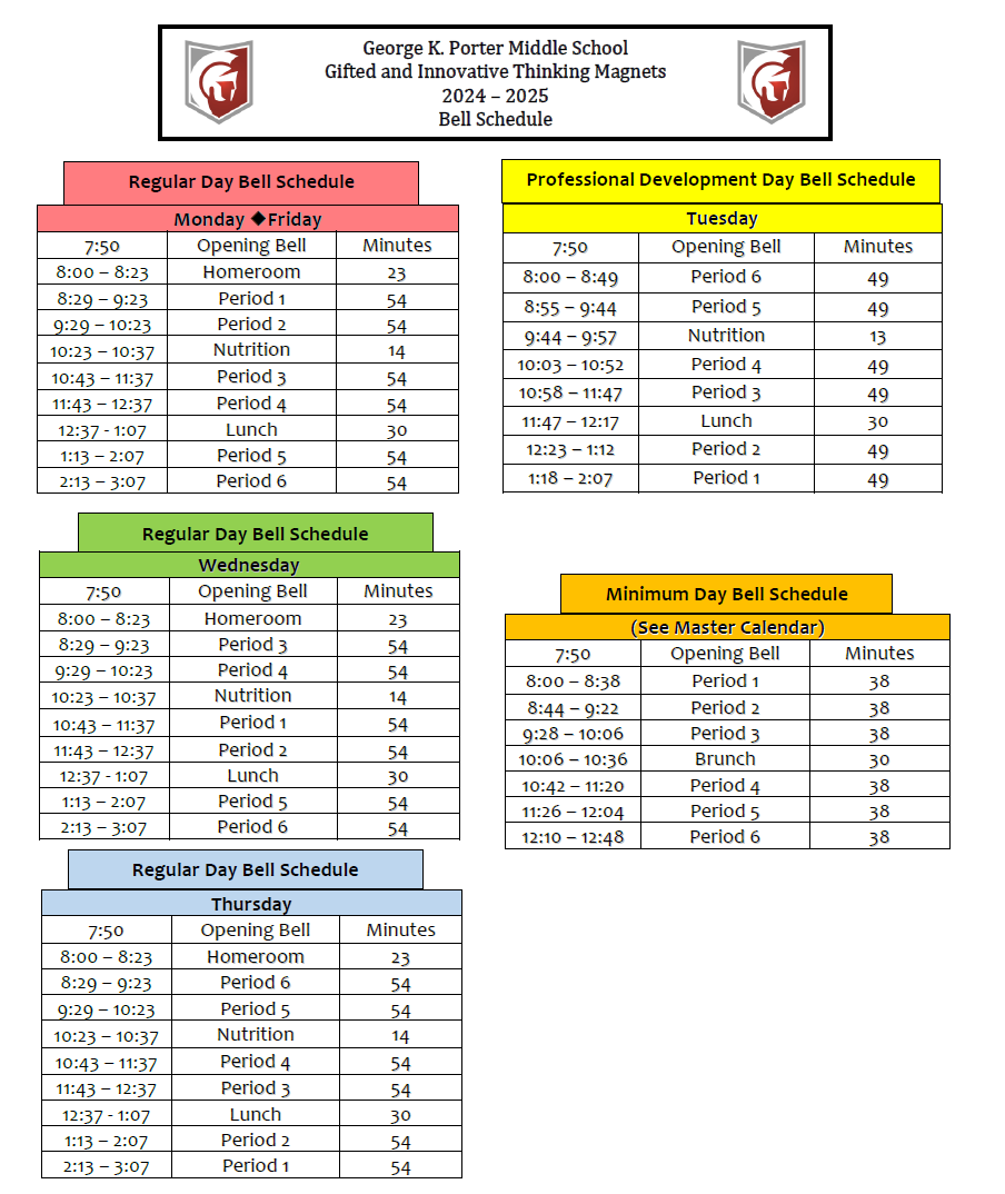 Bell Schedules – About – George K. Porter Middle School, Gifted ...