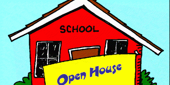 Red schoolhouse with yellow and blue open house sign