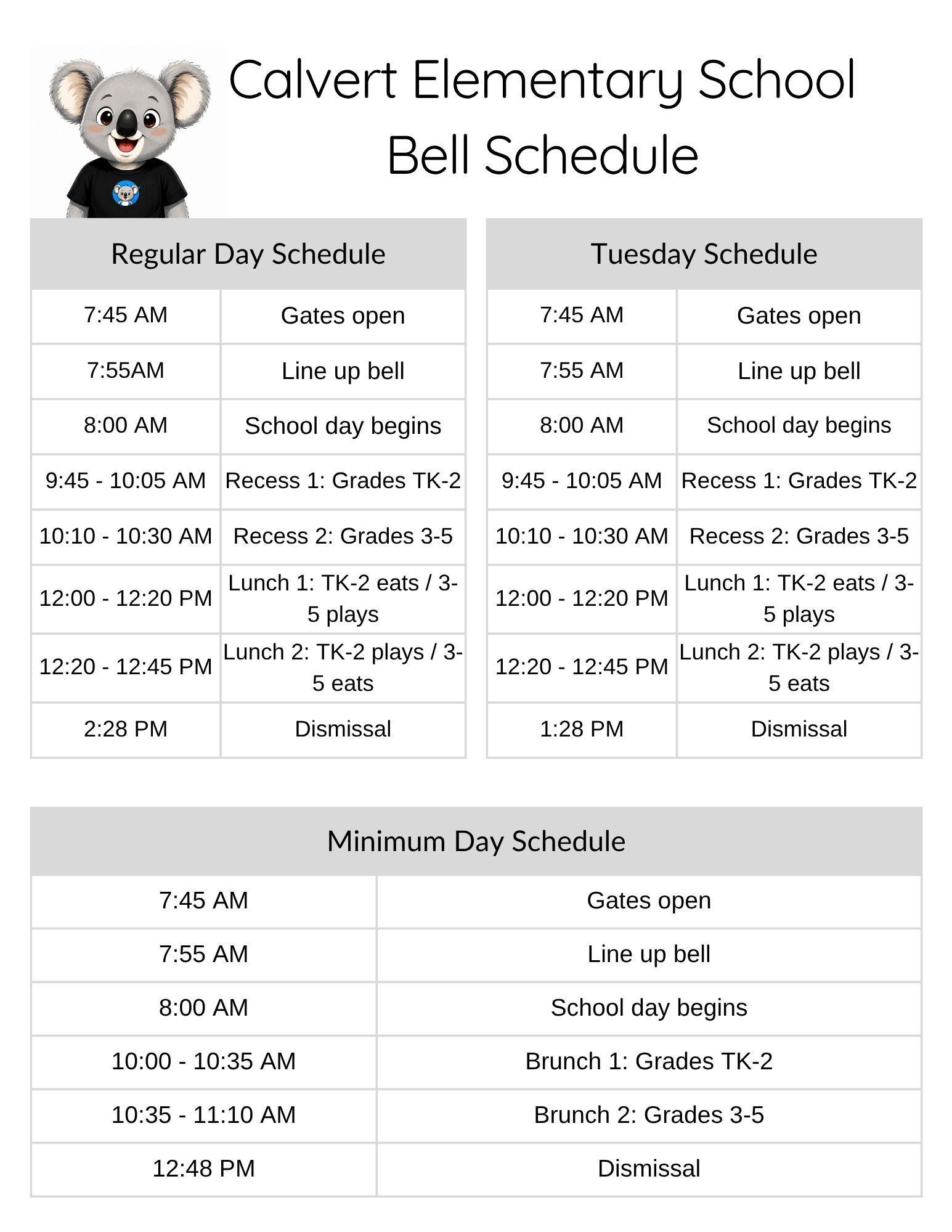 Bell Schedule – Our School – Calvert Elementary School