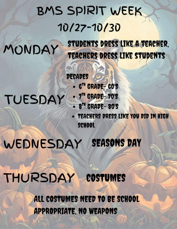 Spirit week October 27th through October 30th