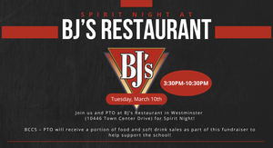 BJ's Restaurant logo with information about spirit night