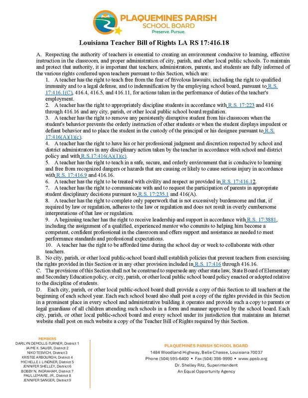 Louisiana Teacher Bill of Rights LA RS 17:416.18