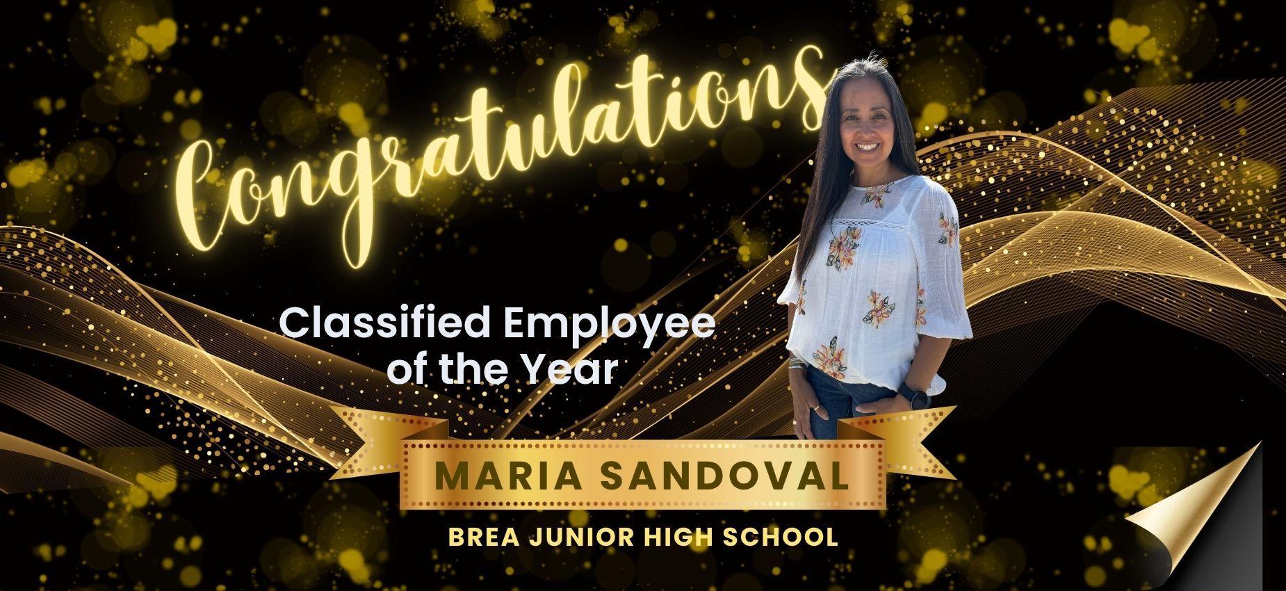 Congratulations banner for Maria Sandoval, Employee of the Year at Brea Junior High.