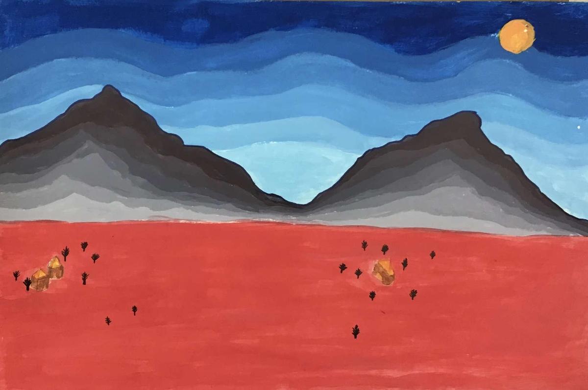 Landscape with mountains, a red ground, and a sunny sky.