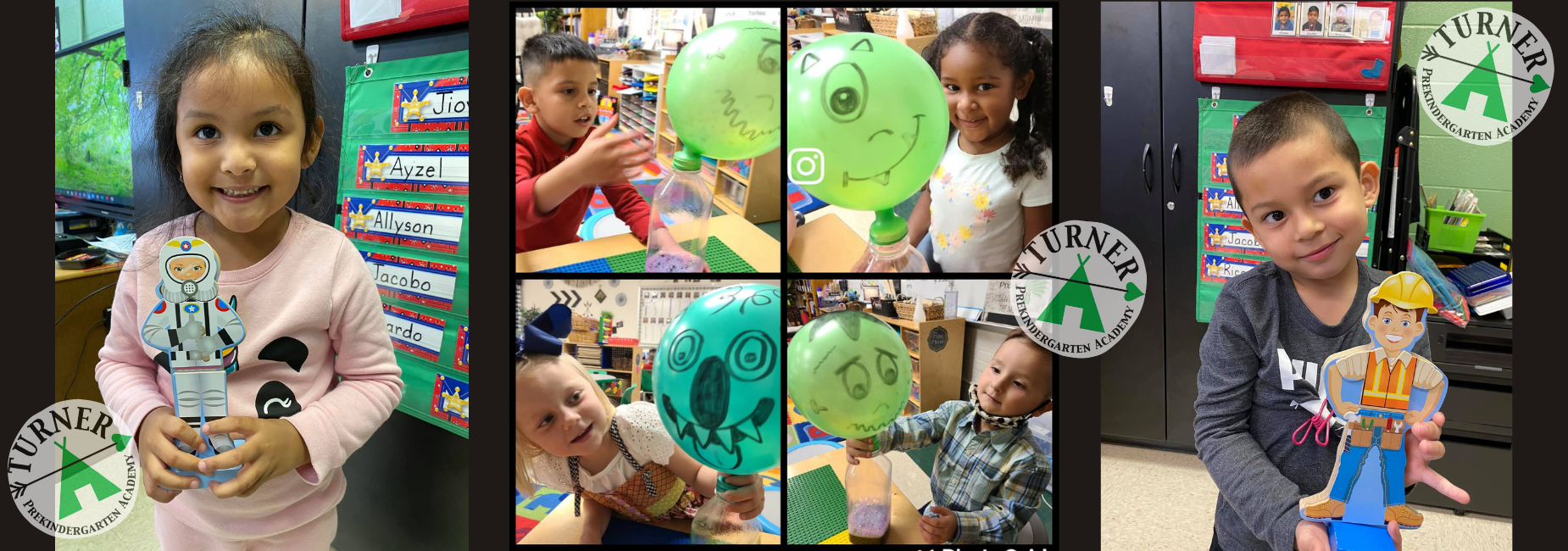 collage of pictures of students displaying their work in class