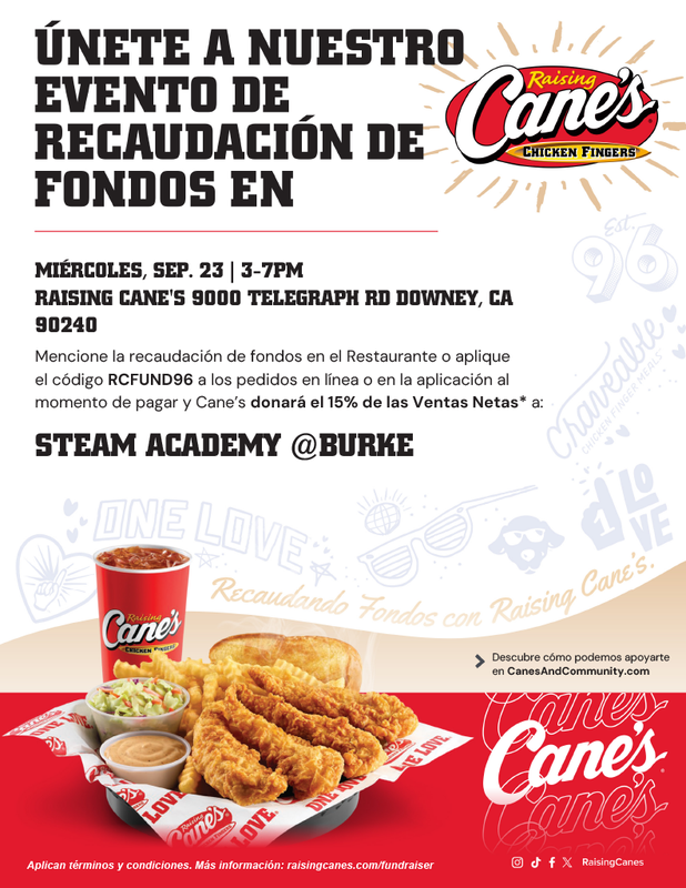 ¡Ven por unos Cane’s y apoya a nuestra escuela el miércoles 23 de septiembre, de 3 a 7 PM! Menciona nuestra recaudación o usa el código RCFUND96 para que el 15% de las ventas netas sea donado a nuestra escuela.