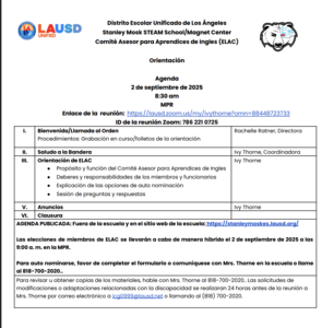 ELAC Parent Orientation Agenda Spanish