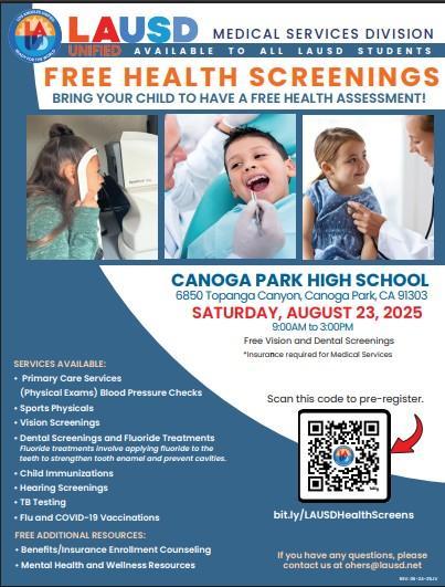 Free Health Screenings  |  August 23, 2025  |  9:00AM - 3:00PM  |  Canoga Park High School Featured Photo