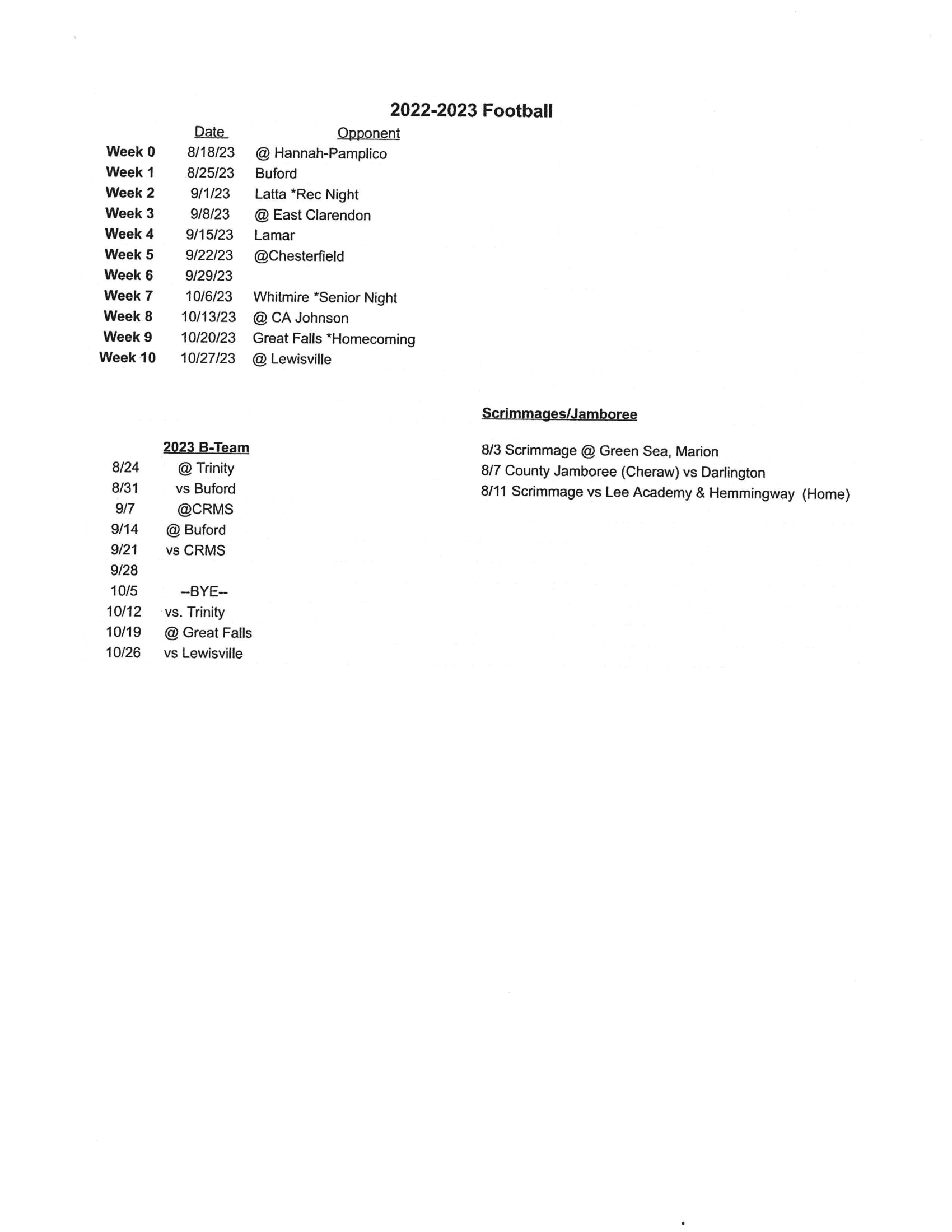 Schedule Football Varsity McBee High School
