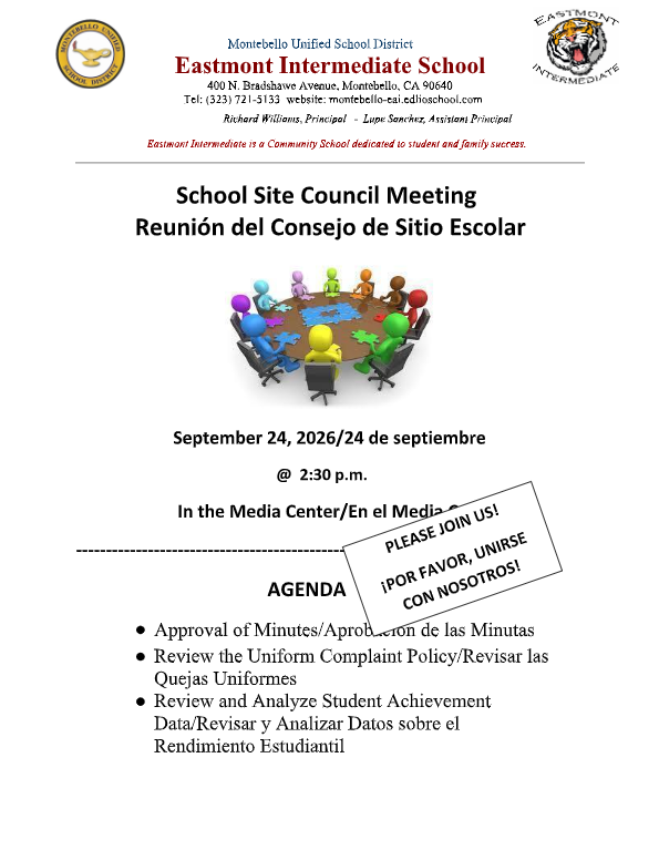 School Site Council Meeting Reunión del Consejo de Sitio Escolar
