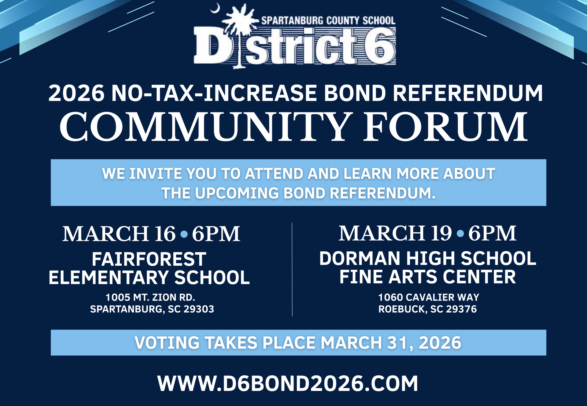 Blue box with community forum dates. March 16 and 19.