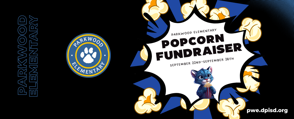 Popcorn fundraiser announcement for Parkwood Elementary featuring a cartoon raccoon.
