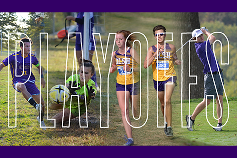 soccer players, cross country runners, and golfer with text "playoffs" overlaid on top