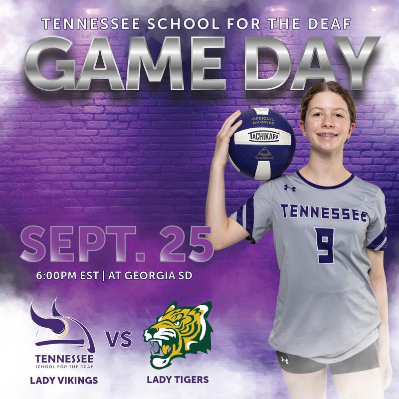 Young girl in sports attire holding a volleyball, promoting a game day event.