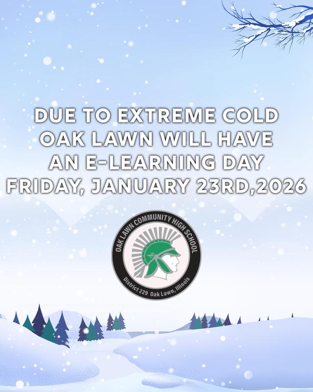 Announcement about e-learning day due to extreme cold with a snowy background.