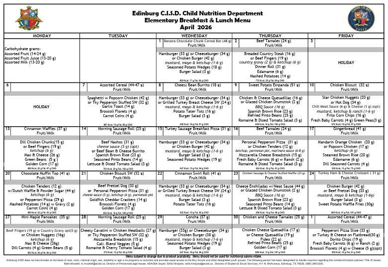 April 2026 Menu